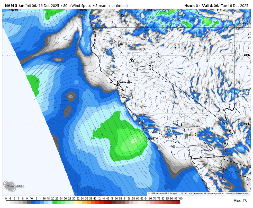 Map showing wind speeds and streamlines over California, Nevada, and surrounding areas on December 16, 2025, at 6:00 UTC, with wind speeds mostly between 0 to 27 knots and some areas in green indicating higher winds.