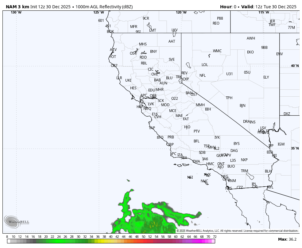 Map of California with a weather radar overlay showing rainfall, with green indicating areas of light to moderate precipitation in the southern part of the state.