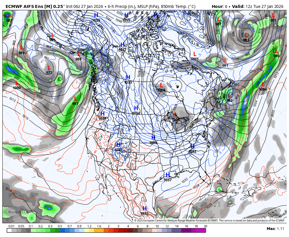 A weather map of North America showing high and low pressure systems, with isobars, precipitation areas in green, and temperature contours in blue and orange lines.