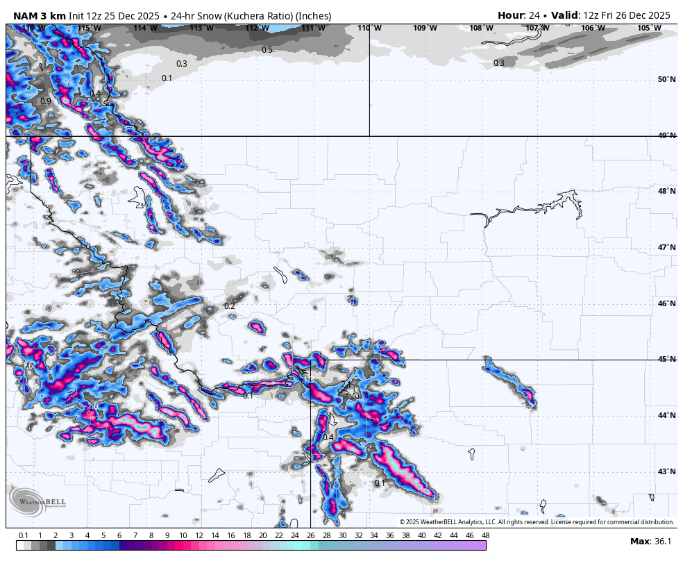 Map showing 24-hour snowfall amounts across parts of the western United States, with heavy snow occurring in the mountains of Washington, Oregon, Idaho, and Montana, depicted in shades of pink and purple indicating higher snowfall levels.