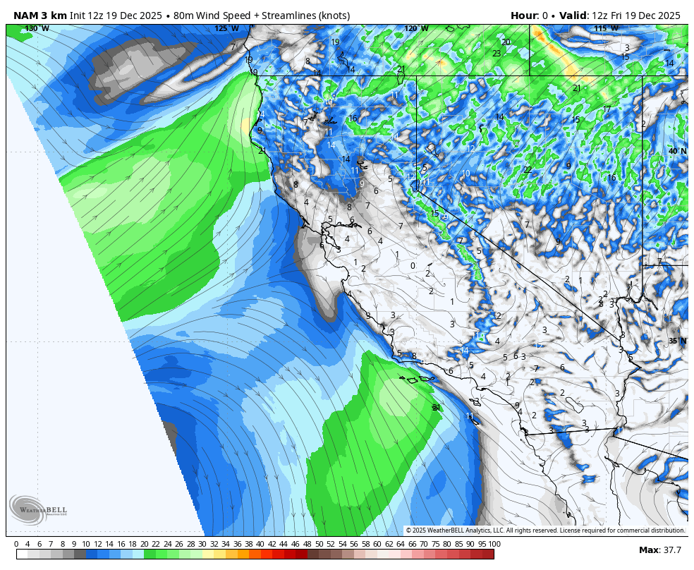 Weather map showing wind speed and streamlines over California and surrounding areas, with a color scale indicating wind speeds up to 37.7 knots, valid at 12z on December 19, 2025.