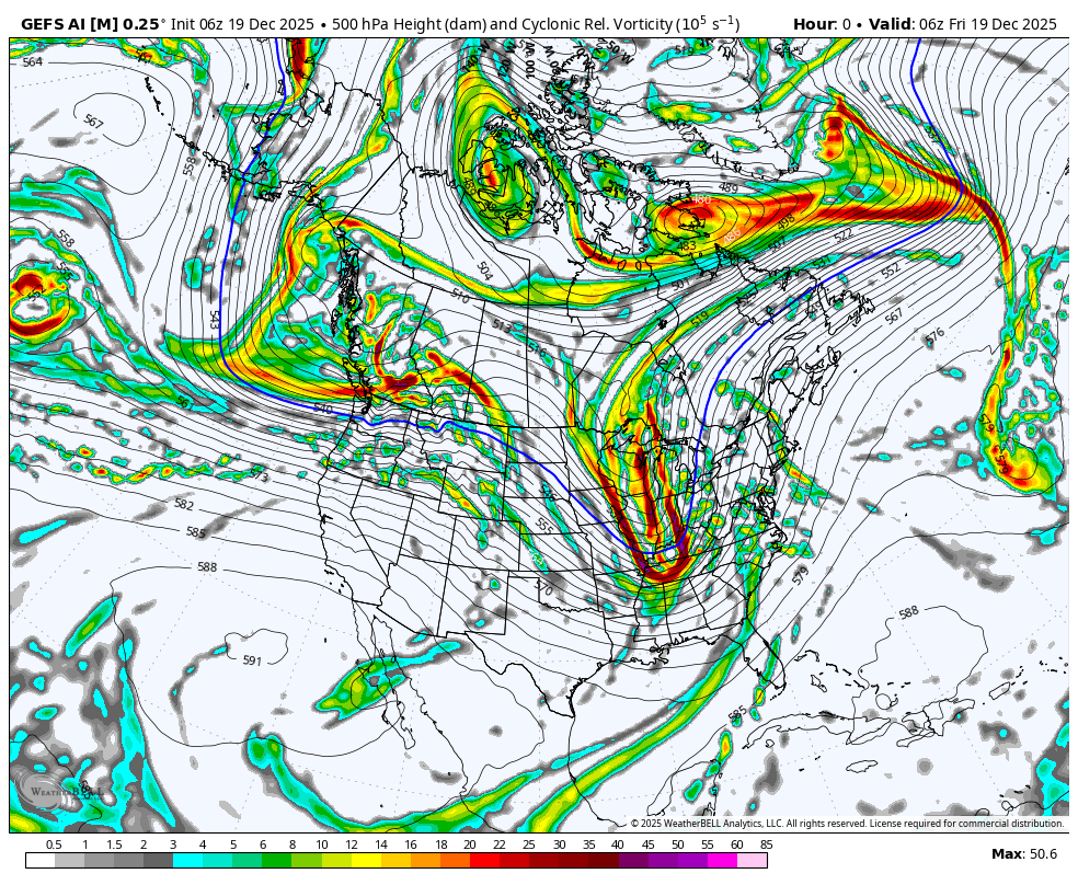 A weather map showing cyclonic activity and wind patterns across North America. There are areas of intense storms, especially over the southeastern United States, with swirling cloud formations and high velocities depicted by red and yellow colors. The map includes isobars indicating air pressure and cyclone reliefs, with areas of significant weather disturbances and cyclone vortices.