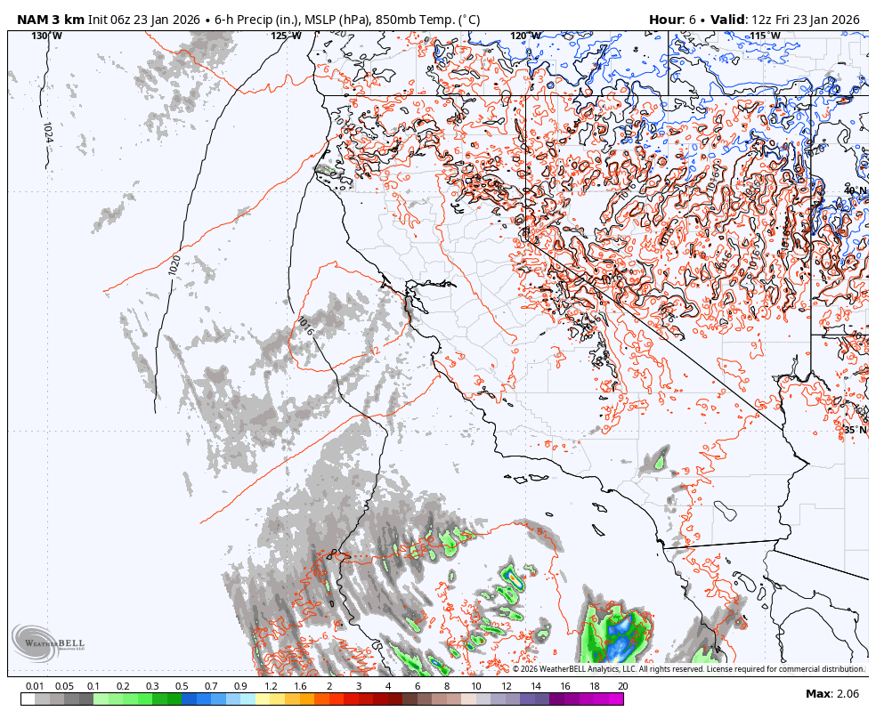A weather map showing the southeastern United States, with cloud cover in gray, precipitation in green and blue, and isobars in red indicating pressure. The map illustrates forecast data including precipitation, mean sea level pressure, and temperature at 850mb.
