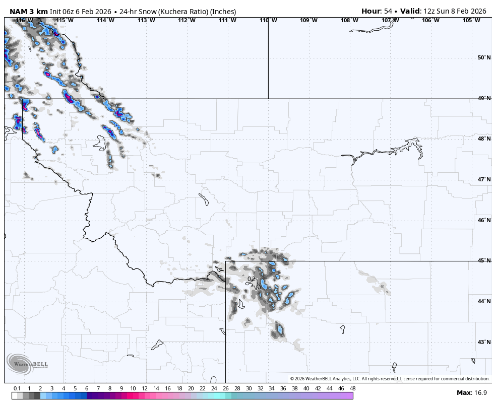 Map showing predicted snow accumulation in inches across the northwestern United States on February 8, 2026, with areas of higher snow levels in dark gray, light blue, and purple. The map includes geographic and state boundaries.