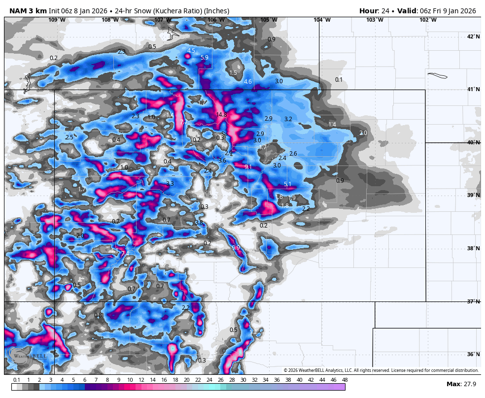 Map showing 24-hour snowfall in inches across the southwestern United States, with varying snow depths marked in pink, purple, and blue, indicating areas with up to 27.9 inches of snow.