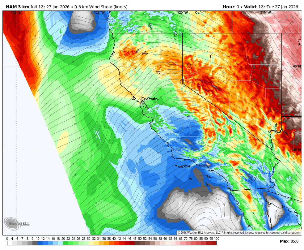 Weather map showing wind shear in knots across parts of the southwestern United States and northwestern Mexico, with color-coded wind shear values and wind vectors indicating strong wind shear in red and orange areas, and calmer conditions in blue and green regions, valid for 12z on January 27, 2026.
