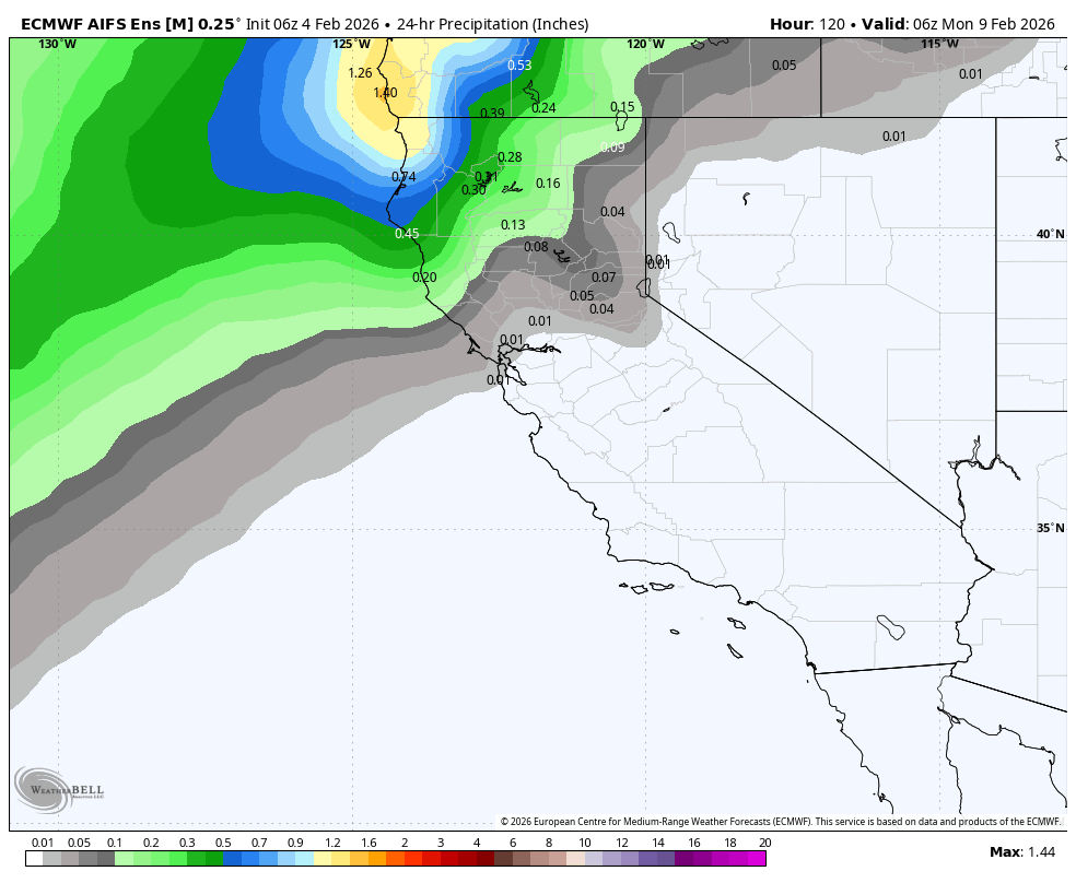 Map showing 24-hour precipitation forecast in inches over the California coast and surrounding areas, with varying levels indicated by color from light gray to dark blue and green, representing precipitation amounts.