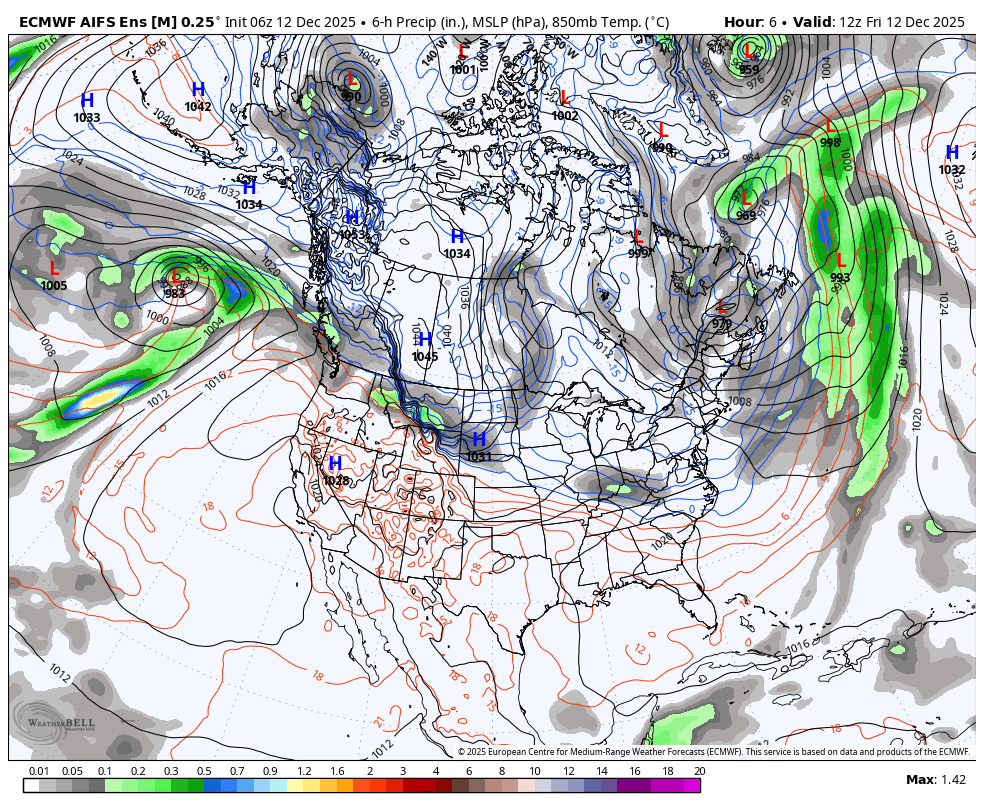 A weather map showing North America with isobars, precipitation, and pressure systems. Major high-pressure areas are marked with 'H' and low-pressure areas with 'L'. Green and yellow colors indicate areas of rain, with heavier rain likely in the North Atlantic and eastern Canada, and some precipitation on the west coast. The map includes data on temperature, precipitation, and atmospheric pressure.