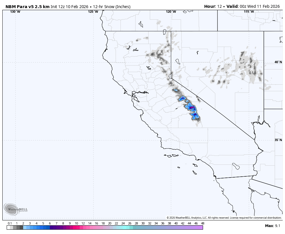 Map showing snow accumulation in inches over parts of California, Nevada, and surrounding areas, with a cluster of snow in southern California.