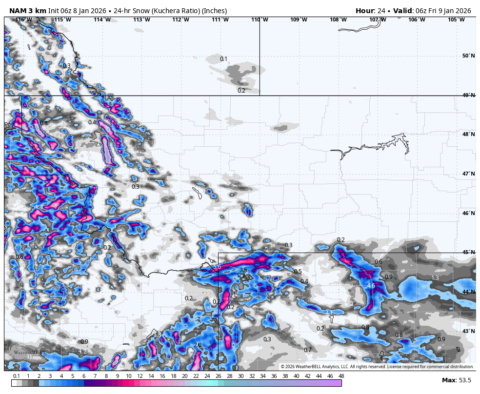 Map showing 24-hour snowfall accumulation in inches across parts of the Pacific Northwest, including Washington and Oregon, with areas of high snowfall marked in pink and purple, indicating around 48 inches. The map also shows surrounding US states and Canada.