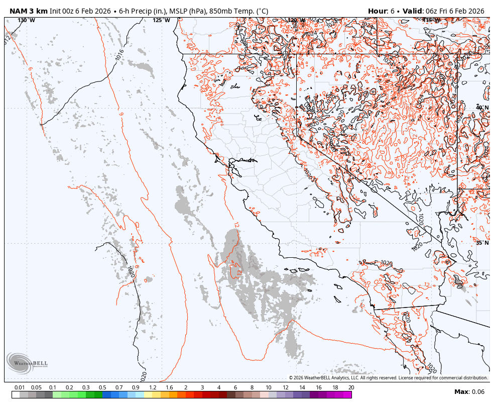 Weather map showing forecast data for the Western United States, including California, Nevada, and parts of Oregon, with contour lines indicating 6-hour precipitation, mean sea level pressure, and 850mb temperature, valid at 6 AM on February 6, 2026.