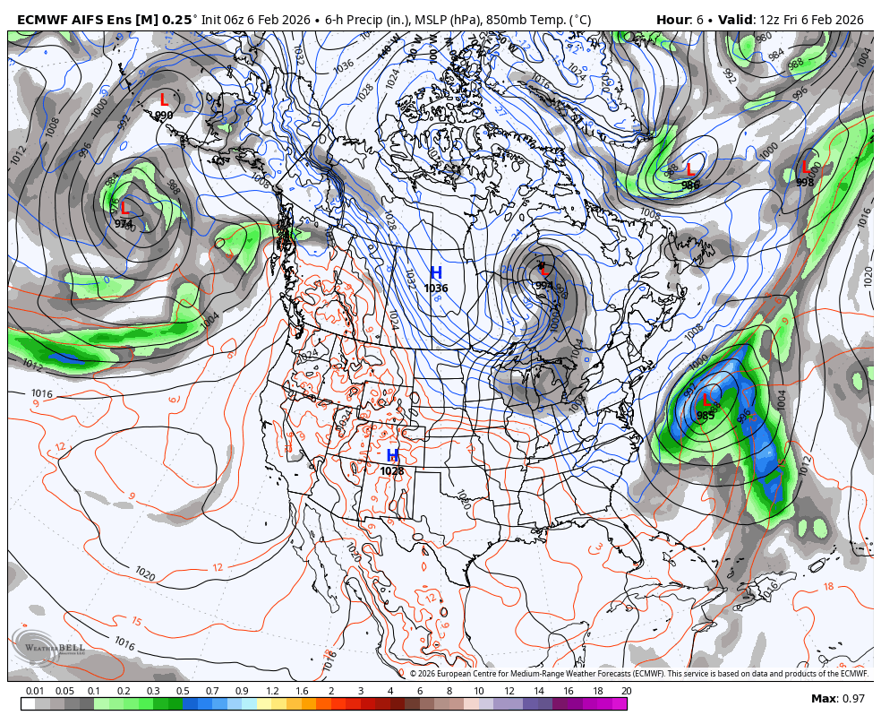 A weather map of North America showing high and low pressure systems, temperature, and precipitation patterns. There is a low-pressure system over the eastern US, a high-pressure system over the central US, and multiple low-pressure systems over the North Pacific and Atlantic Oceans. The map features various isobars, precipitation areas in green, and temperature contours in red and blue.