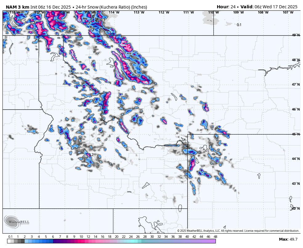 A weather map showing snow accumulation in inches across parts of the United States, with areas in the northwest experiencing the highest snowfall, represented in pink and purple colors, and lighter snow in other regions.