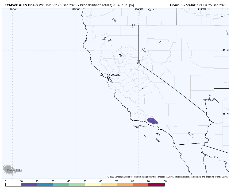 Weather forecast map of California showing a small area of over 1-inch rain probability in the southern part of the state, near Los Angeles, for December 26, 2025.