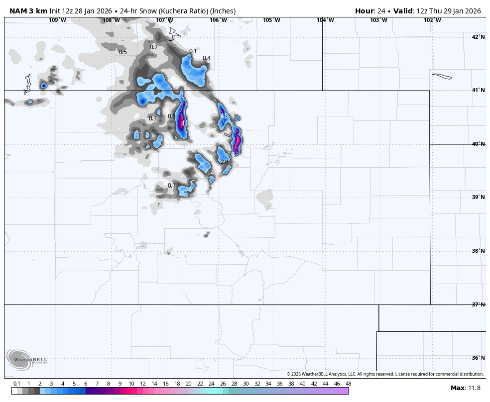 Map showing snow accumulation in inches over parts of the western United States on January 29, 2026, with areas of heavier snowfall indicated in purple and pink.