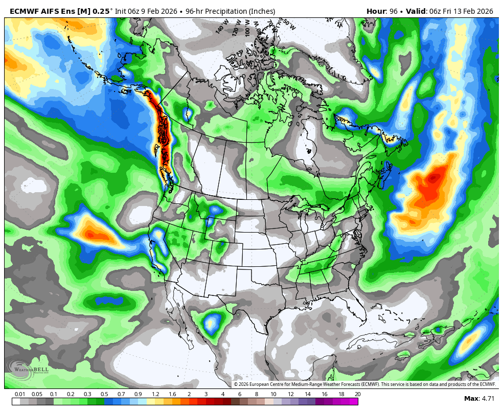 Map showing 96-hour forecasted precipitation across the United States and surrounding areas, with heavy rainfall indicated in red and orange along the West Coast and northeastern regions, and lighter precipitation in green and blue across other areas.