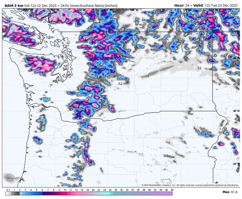 Map showing snow accumulation in inches across parts of Washington and Oregon, with areas of heavier snow in pink and purple, and lighter snow in gray and blue, valid for December 23, 2025.