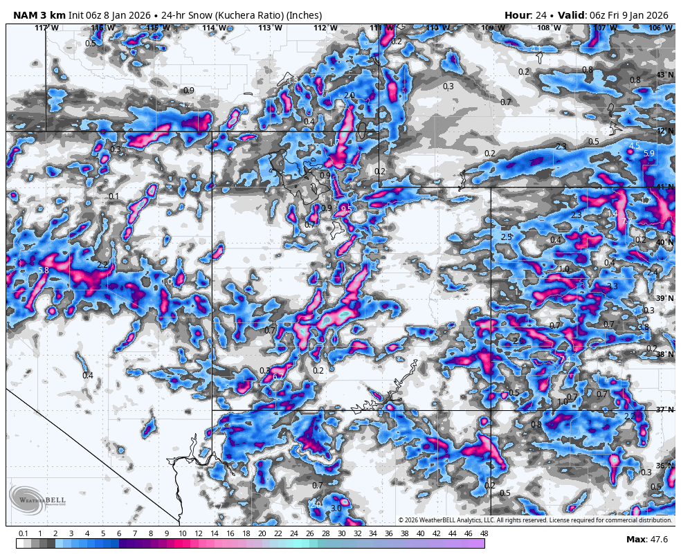 Weather map showing 24-hour snowfall accumulation in inches across parts of the southwestern United States, including Arizona, California, and Nevada, with various areas marked in shades of blue, pink, and purple indicating different snowfall amounts, valid for 6 AM on January 9, 2026.
