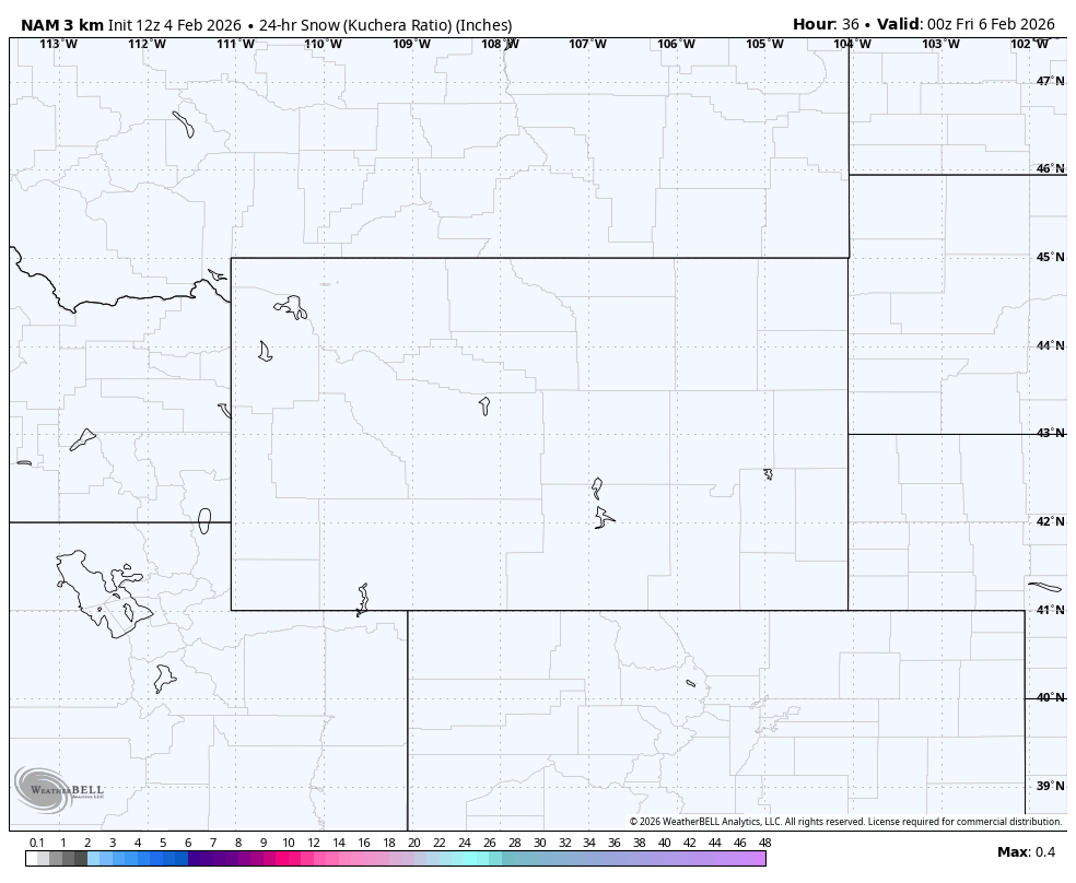 A weather map showing the 24-hour snow (Kuchera Ratio) in inches for a region in the northwestern United States on February 6, 2026, with no significant snow accumulation indicated.