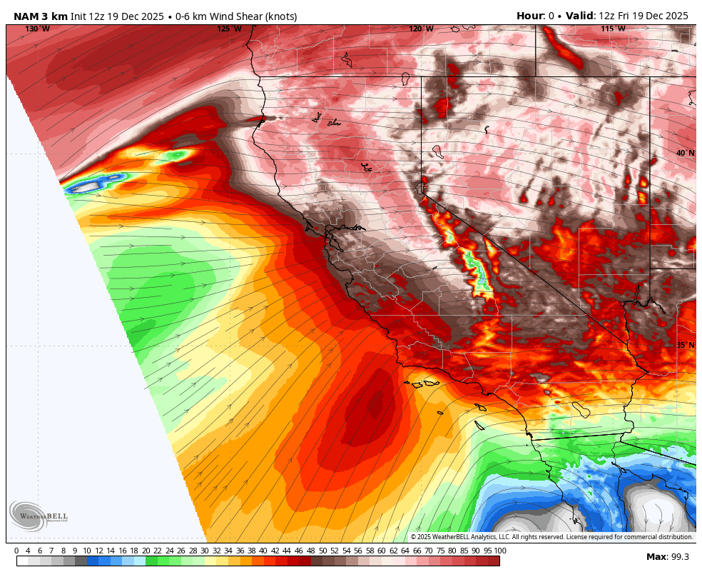 Weather map showing wind shear in knots over parts of Central America and the Pacific Ocean, with color coding indicating varying wind shear levels and storm activity, valid for 12z December 19, 2025.