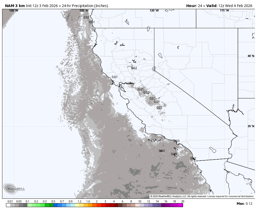 Map of California and surrounding states showing 24-hour predicted rainfall in inches for February 4, 2026. Light gray areas indicate little to no expected precipitation, mostly in northern California and Nevada. Southern California shows small amounts, around 0.2 to 0.5 inches. The map includes state borders, latitude and longitude lines, and a color scale at the bottom for rainfall measurement.