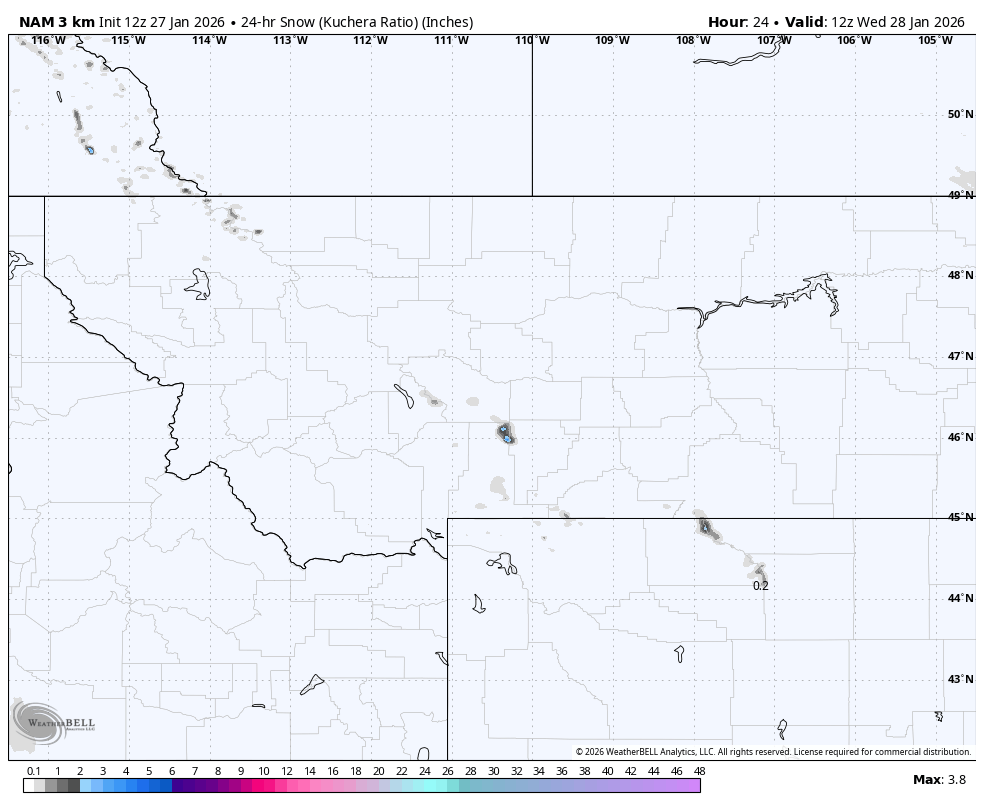 Map showing snow accumulation in parts of Washington and Idaho with some light snow, no significant snowfall indicated, date and time of weather data as January 28, 2026.