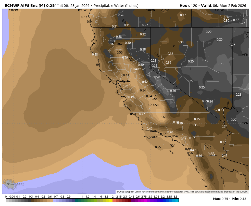 Map showing forecasted precipitation water in inches across California, Nevada, and surrounding states, with varying shades of brown and gray indicating different levels, and numerical values indicating specific measurements. The map is for February 2, 2026.