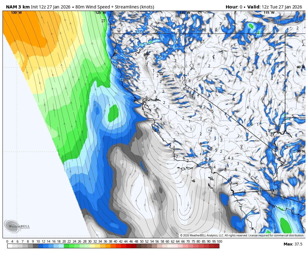 Weather map showing wind streamlines and wind speeds in knots across California and surrounding areas, with a color gradient indicating wind intensity. Higher winds are shown in orange and yellow offshore, with lighter wind speeds in blue and green inland. The map is timestamped for January 27, 2026.