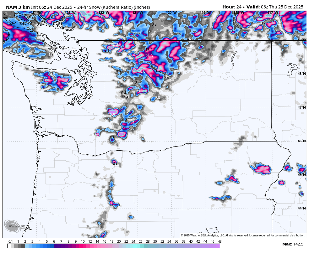 A weather map showing snowfall in inches across parts of the Northwestern United States, with the highest snow levels in pink and purple. The map includes states like Idaho, Montana, Wyoming, and parts of neighboring states, with snow accumulation data valid for December 25, 2025.