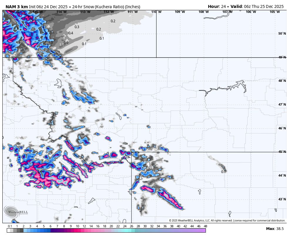 Weather map showing predicted snowfall in inches across parts of the Pacific Northwest, Northern Rockies, and Northern Plains on December 25, 2025, with heavy snowfall indicated in purple and blue areas.