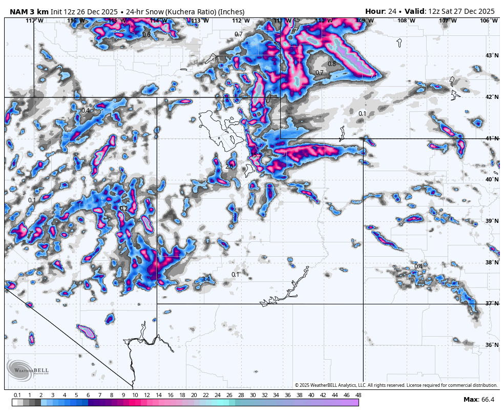 Weather map showing snow accumulation in inches across parts of the northern United States, with areas highlighted in pink and blue indicating higher snow ratios, and surrounding regions with less snow.