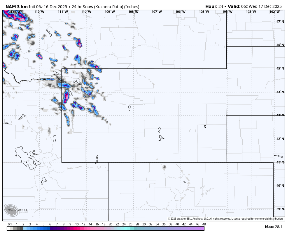 Weather map showing snowfall in inches across parts of the western United States, including Nevada, Utah, and Colorado, valid for 6 AM on December 17, 2025, with some areas experiencing up to 28.1 inches of snow.