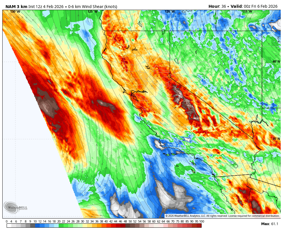Weather map showing wind shear forecast over California, Mexico, and surrounding areas on February 4, 2026, with color coding indicating wind shear in knots. Red and dark red areas represent high wind shear.