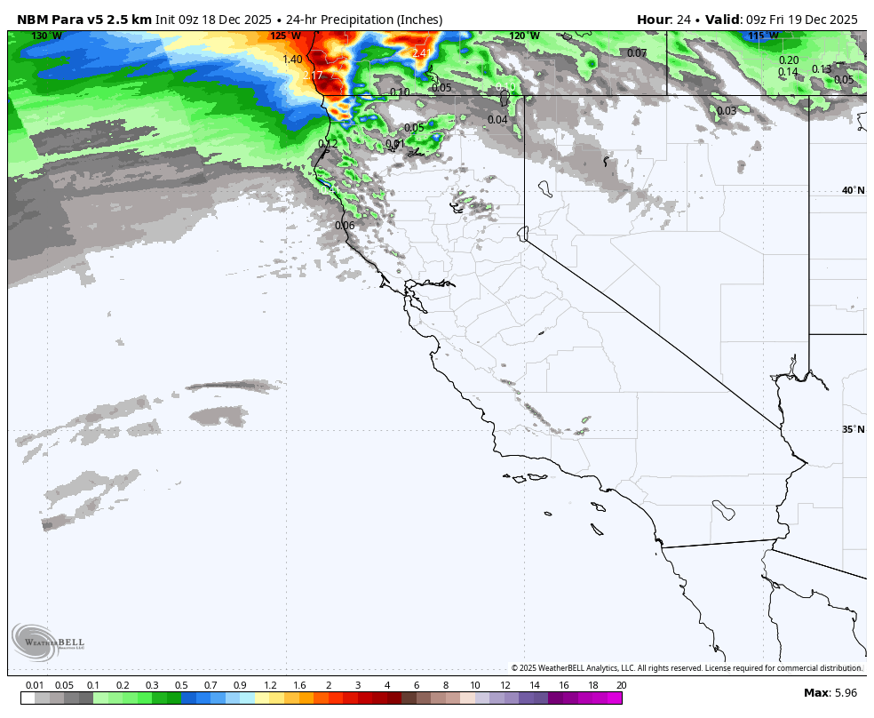 A weather map displaying 24-hour precipitation levels across California, with higher rainfall indicated in red and orange in the northwestern part of the state, and lower levels represented by green, blue, and gray shades elsewhere.