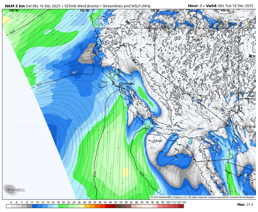 Weather map showing wind streamlines and mean sea level pressure over the Pacific Northwest and northern California, with areas of varying wind speeds in knots depicted in shades of blue and green, and isobars indicating atmospheric pressure, valid for 6 UTC on December 16, 2025.