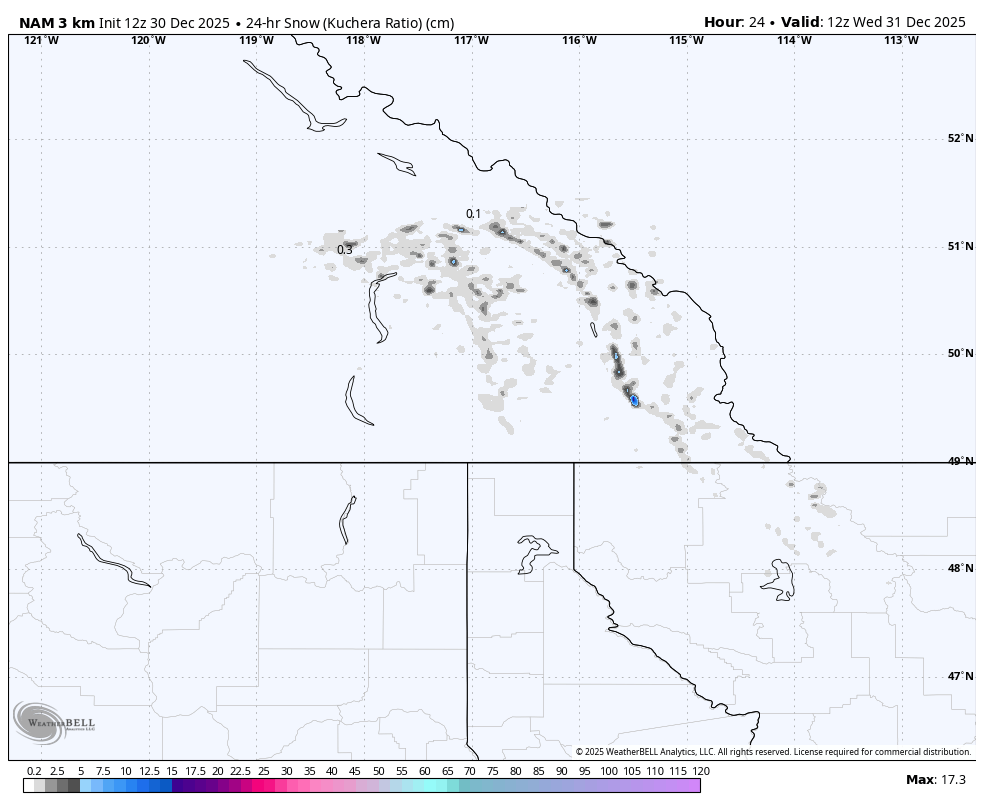 Map showing snow accumulation in centimeters across western Canada and parts of the United States, with varying shades of gray indicating different snow levels, validated for December 31, 2025.