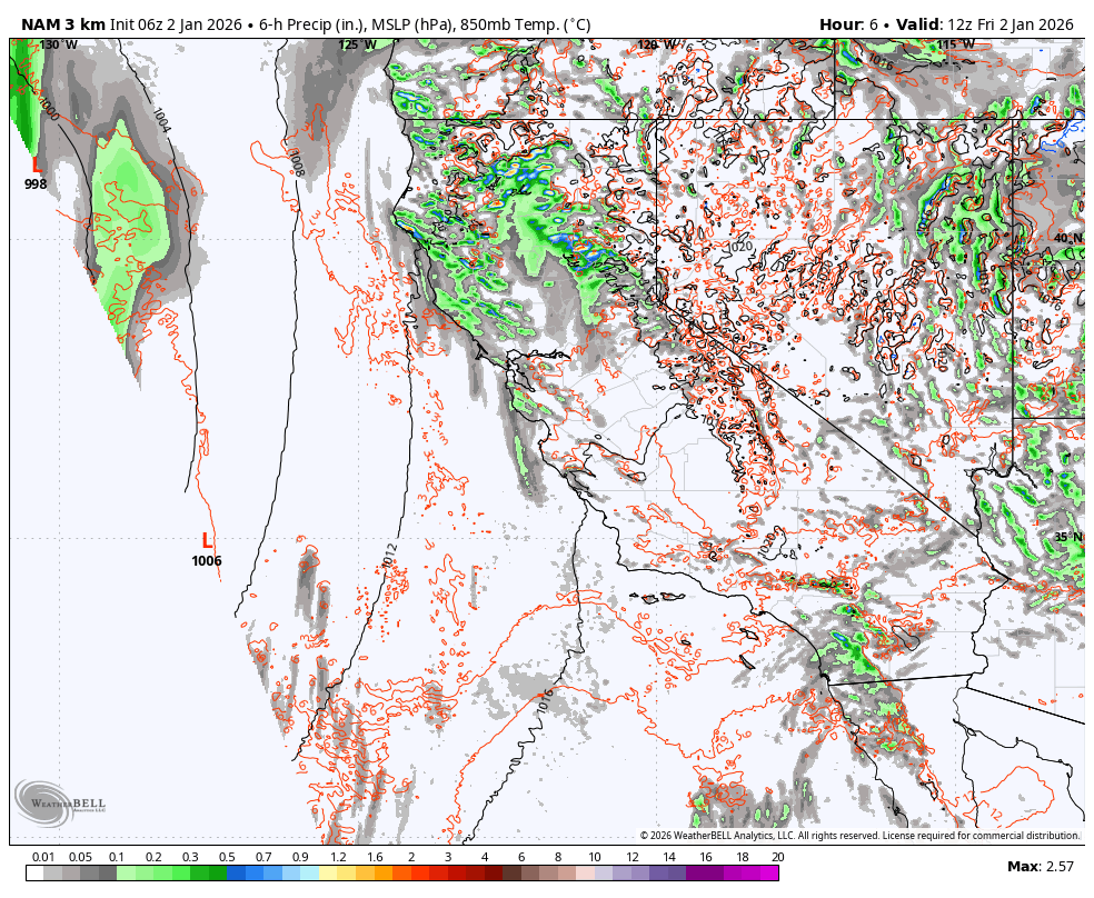 Weather map showing precipitation, mean sea level pressure, and 850mb temperature across parts of the United States and Canada. Green indicates areas of rain, gray shows cloud cover, and red lines mark isobars. The map is valid for 12z on February 2, 2025.