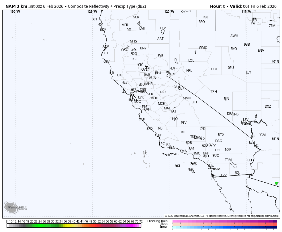 Weather map of California and neighboring states showing composite reflectivity and precipitation type at 00 UTC on February 6, 2026. The map includes various weather radar stations marked with their codes.