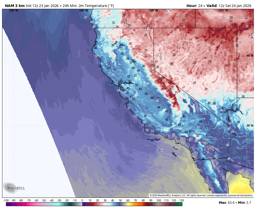 Map showing 24-hour temperature forecast for California and surrounding areas, with temperature values in Fahrenheit. Blue and purple shades indicate cold temperatures, with readings mostly in the 30s and 40s°F, while red areas in the north and northeast show higher temperatures, reaching into the 60s°F.