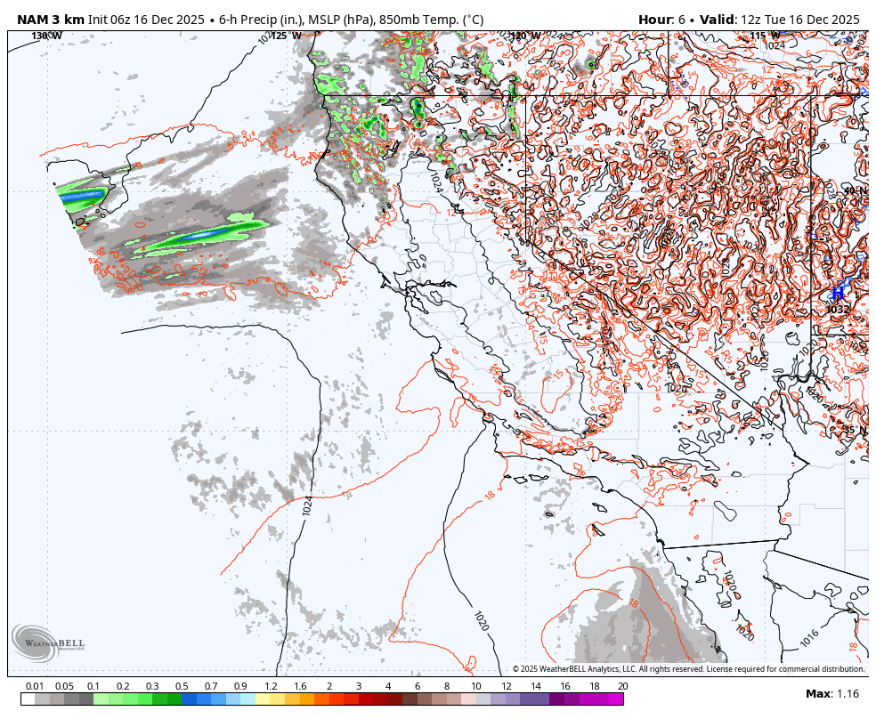 Weather map displaying 6-hour precipitation, mean sea level pressure, and 850 mb temperature over the Middle East and surrounding regions, with various cloud cover and weather patterns.