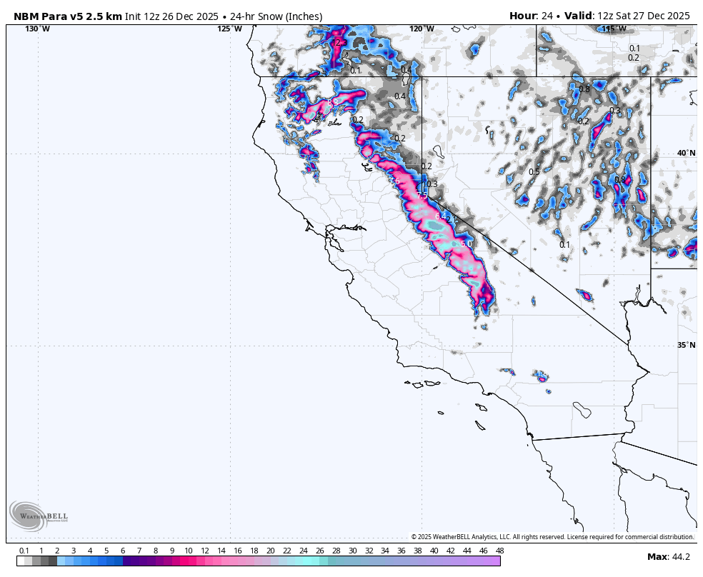 Map showing 24-hour snowfall accumulation in inches across California, Nevada, and surrounding areas on December 26, 2025, with the heaviest snowfall around the Sierra Nevada mountain range.