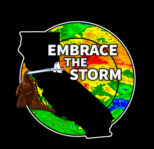 Embrace the Storm artwork with a California outline, weather-map colors and a monster facing KirkwoodMtn.