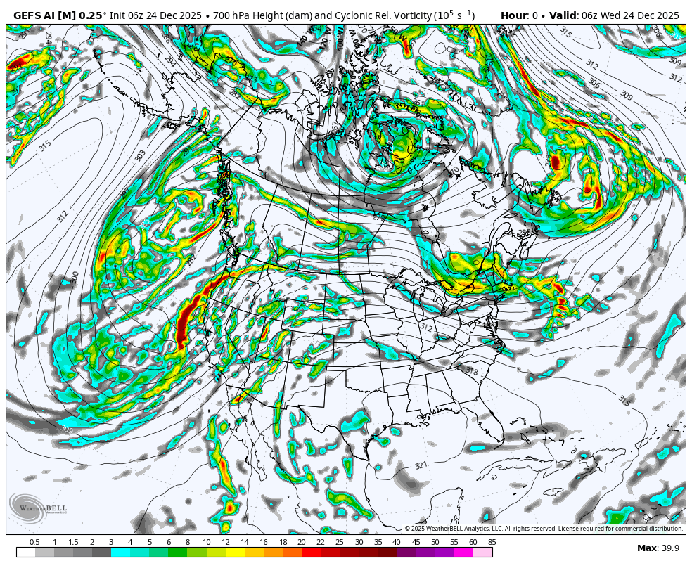 Weather map showing cyclone activity, wind patterns, and rain across the United States and surrounding regions, with color-coded intensity levels.