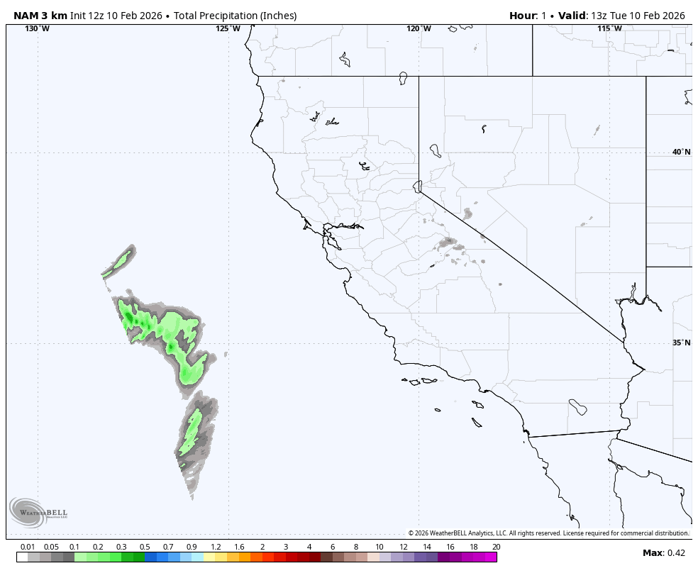 Weather map showing total precipitation in California and nearby areas, with rain levels indicated in shades of green, gray, and purple, and some parts of the coast and islands experiencing light rain.