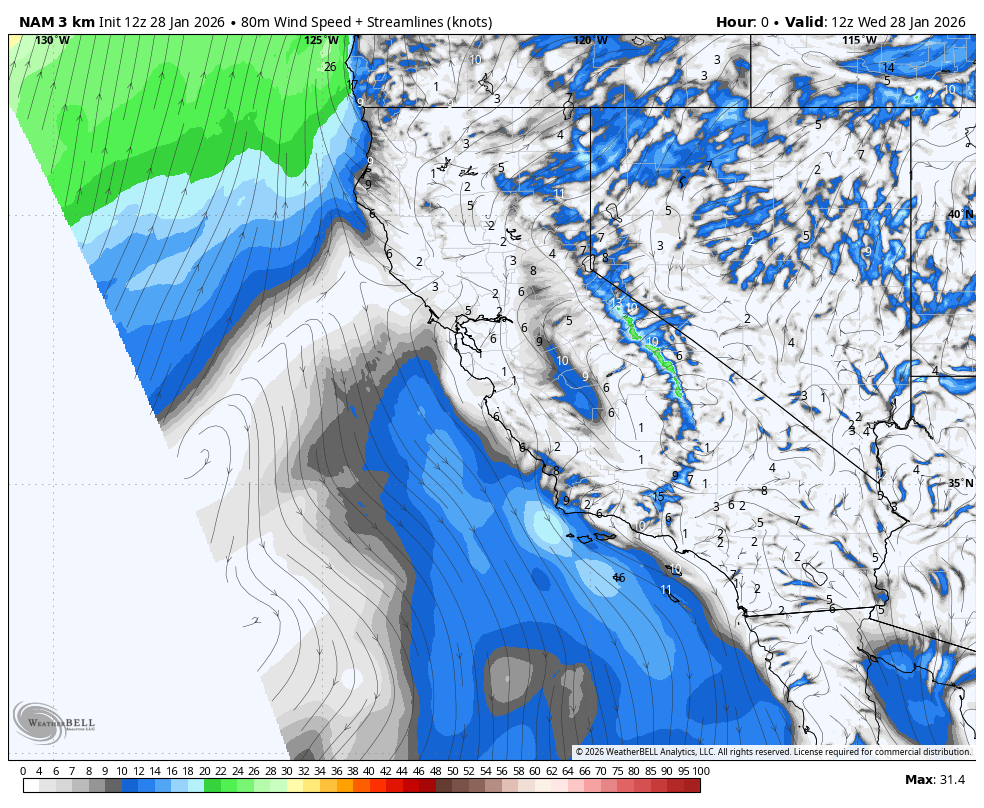 A weather map showing wind speeds and streamlines in knots along the western coast of the United States, with color coding indicating wind intensity—blue and gray shades suggest areas of stronger wind, especially offshore and over the ocean.