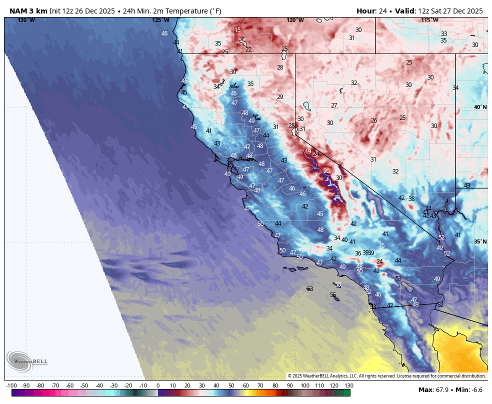 Weather map showing 24-hour temperature forecast for the southwestern United States, including California and Nevada, with temperatures ranging from -6.5°F to 67.9°F, color-coded from cold to warm.