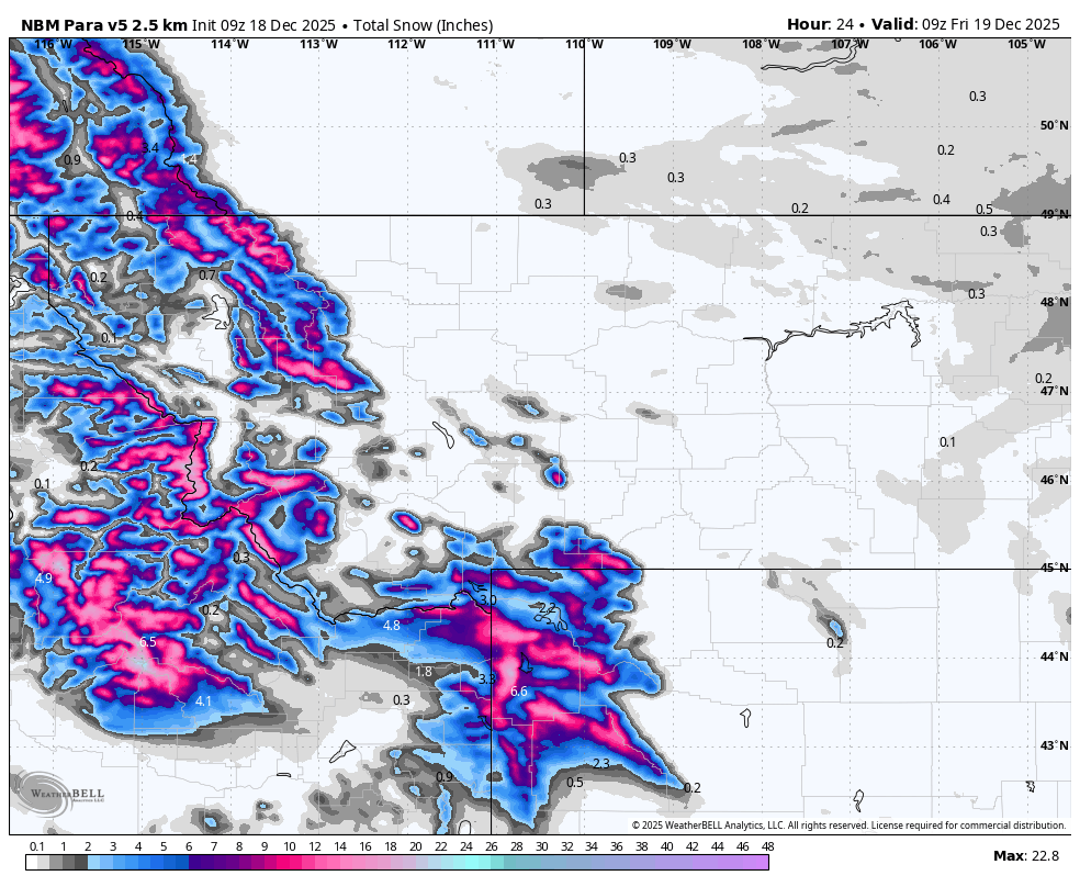 Map showing snowfall totals in inches for a weather forecast in the western United States, with areas of heavy snow in the mountains indicated in pink and purple, and lighter snowfall in surrounding regions.