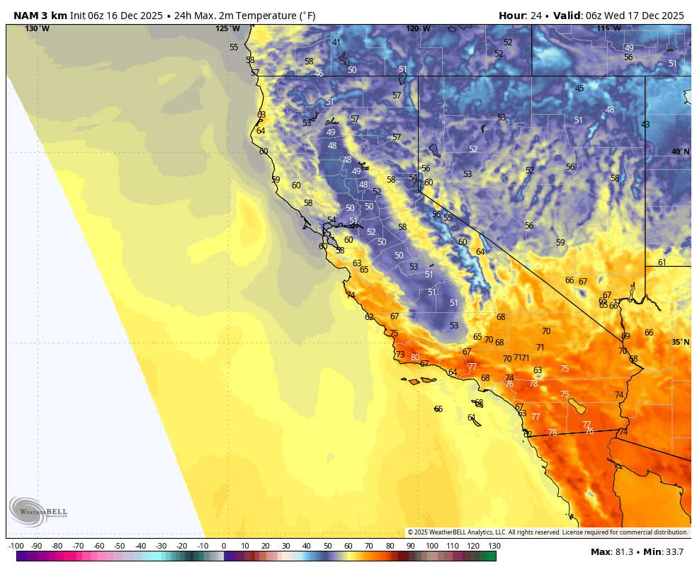Map showing predicted maximum 2-meter temperatures in Fahrenheit across California from December 16-17, 2025, with cooler temperatures in the north and warmer in the south. Temperatures range from 33.7°F to 81.3°F.