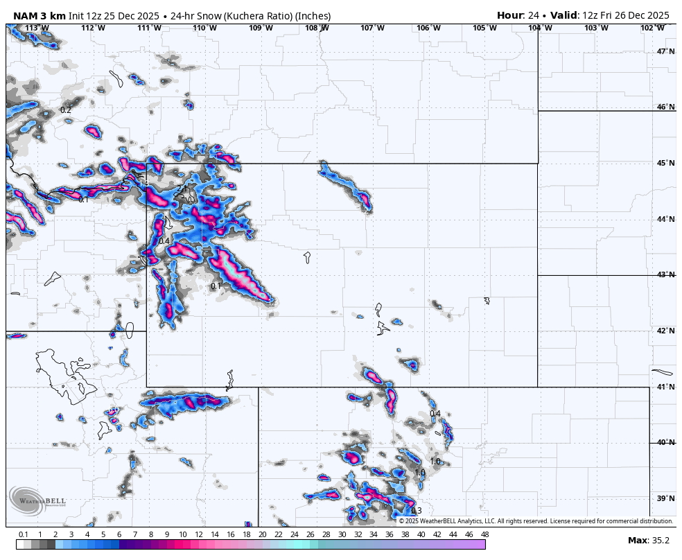 Map showing 24-hour snow accumulation in inches across parts of the western United States on December 25-26, 2025, with areas of significant snowfall depicted in pink and purple.