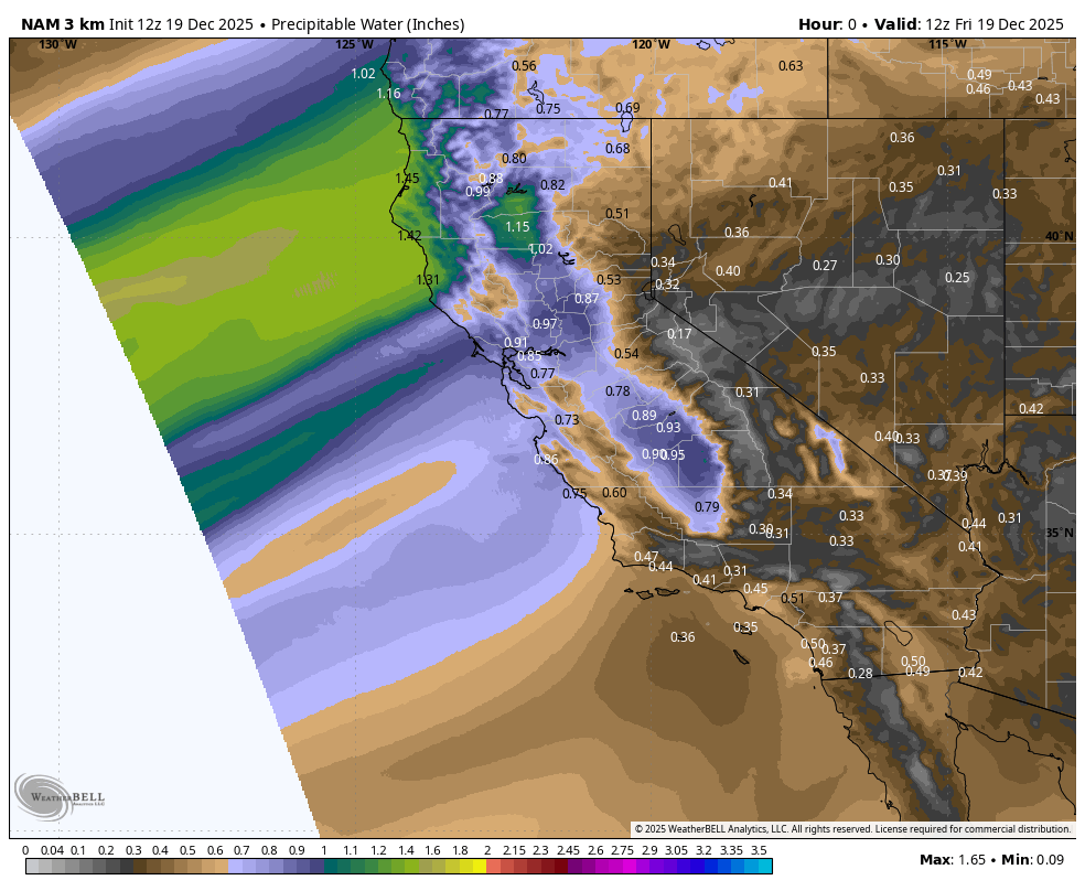 Map showing precipitation water in inches across parts of the western United States, including California, Nevada, and surrounding states. Color gradient indicates water levels from 0.09 to 1.65 inches, with higher values near the coast and lower in inland areas.